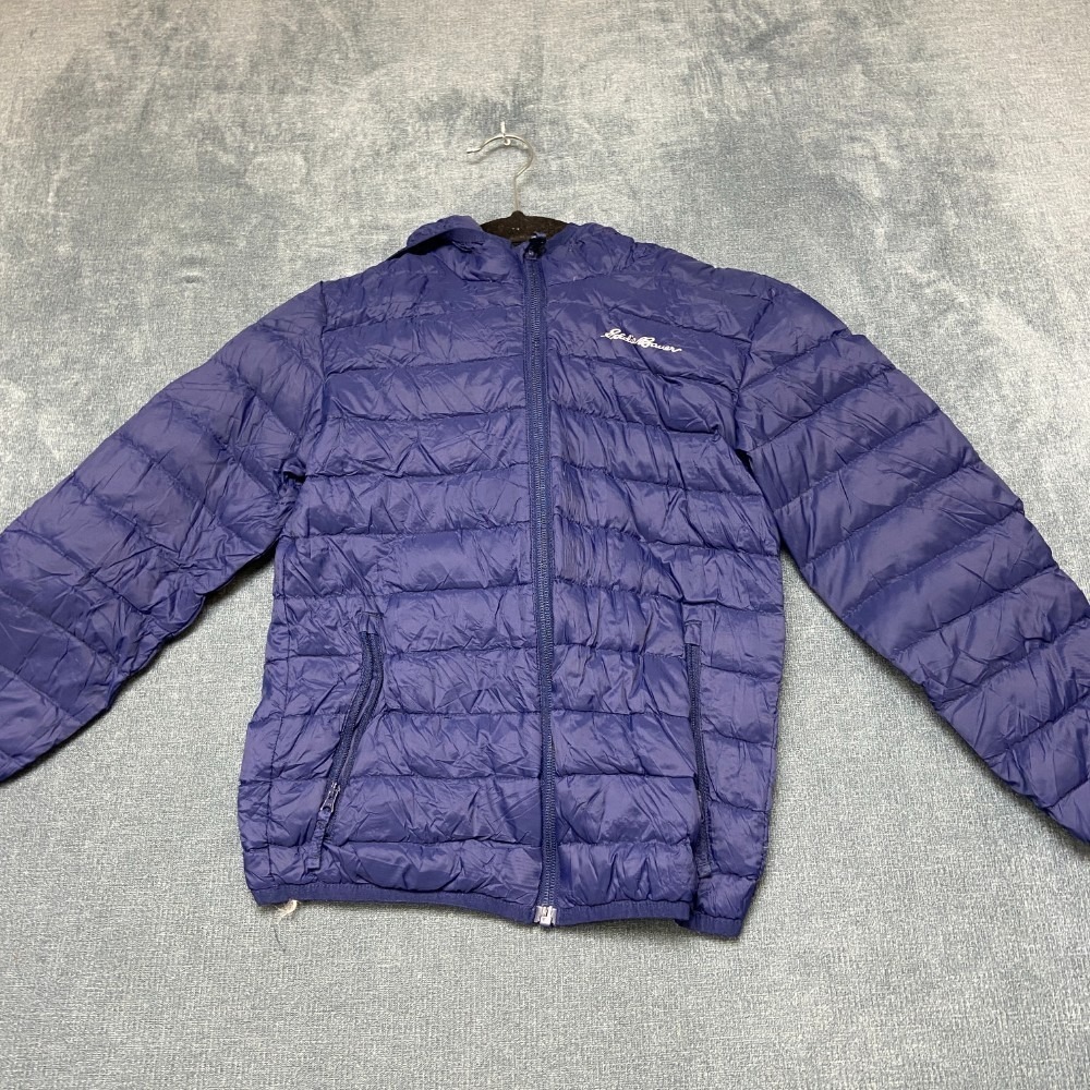 Eddie Bauer Down Puffer Jacket Kids XS 5-6 Purple Hooded Softshell Full Zip